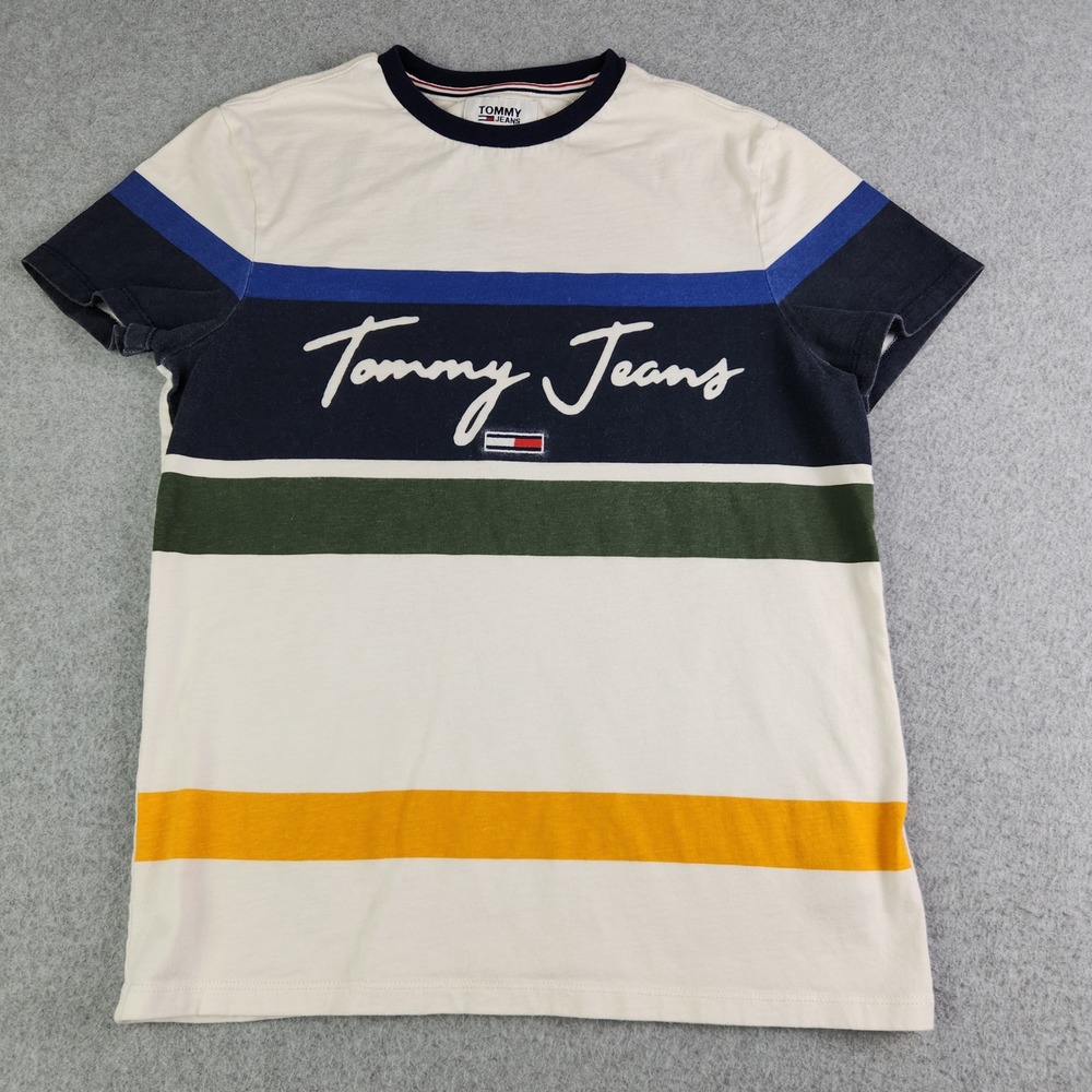 Tommy Jeans T-Shirt Men XS White Multi Striped Classic Fit Script Logo Spell Out